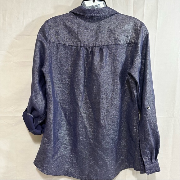 ny collection Shiny Navy Half Button Collared Long Sleeve with Rolled Cuffs Sml - Picture 7 of 8